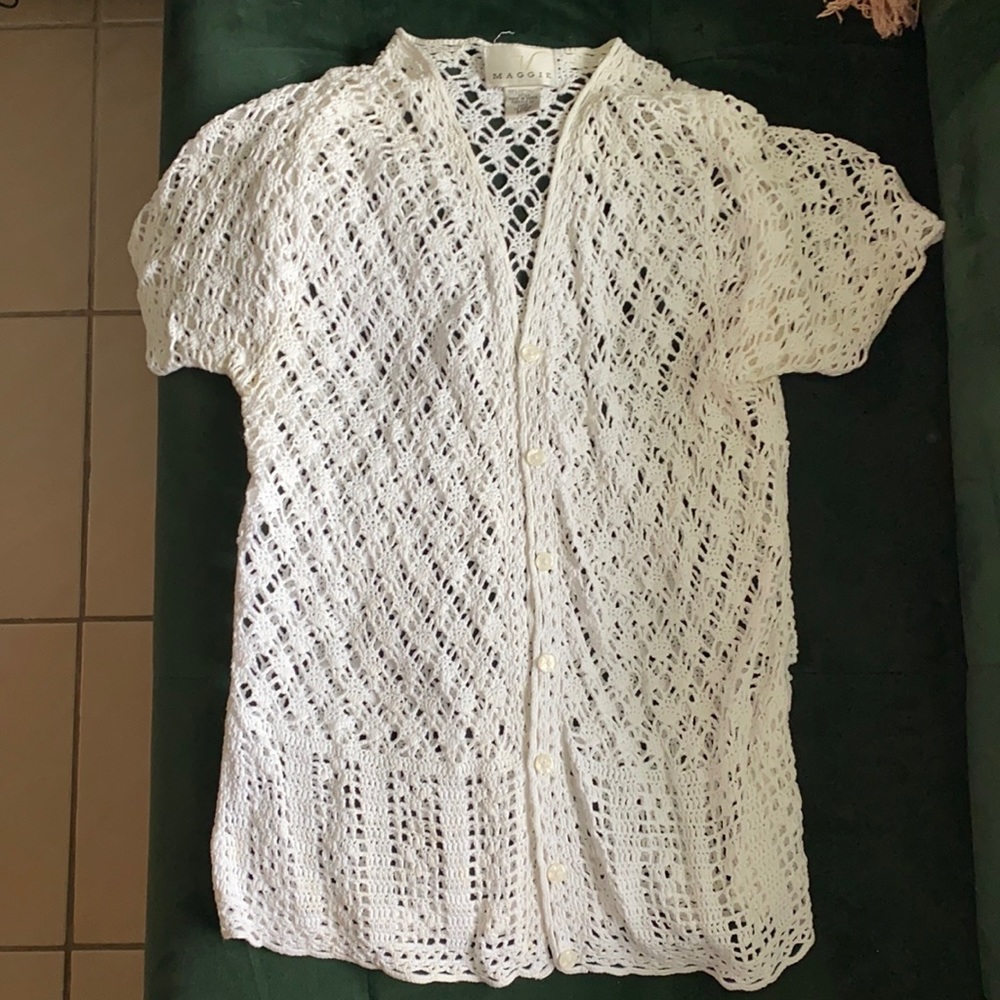 Crochet Button Down White Short Sleeve Top Boho